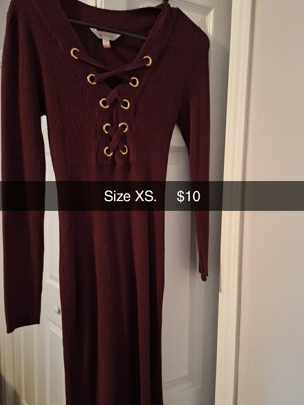 Lace-Up Ribbed Long Sleeve Dress - Burgundy